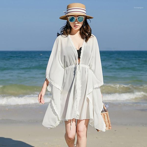 

chiffon loose-fit summer seaside beach jacket springs bikini bathing suit outer blouse mid-length sun-resistant cardigan wom1, White