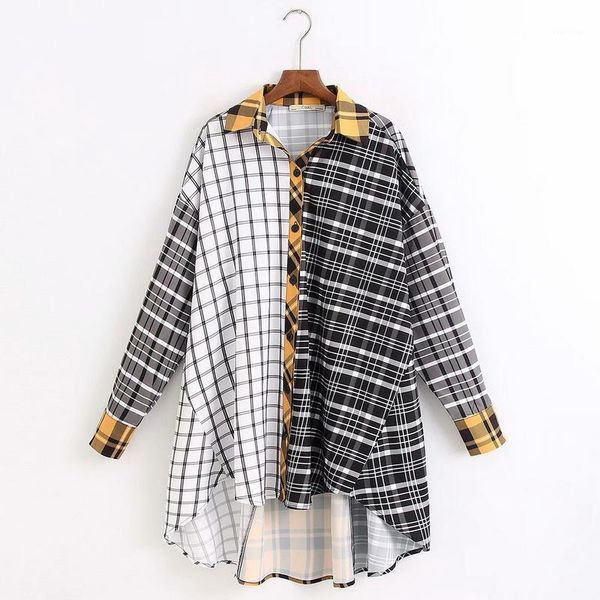 

loose women shirt spring 2020 new fashion wide casual long sleeve patchwork plaid shirts1, White