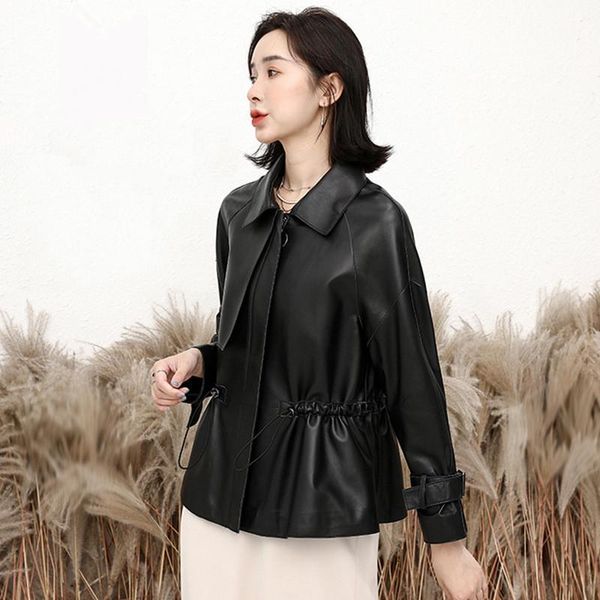 

women natural sheepskin genuine leather jackets autumn slim motorcycle biker jacket ladies real leather coats chaqueta mujer1, Black