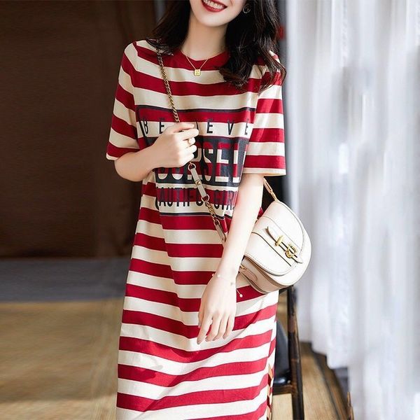 

large women's dress 2020 summer loose thin striped printed t-shirt dress korean version of and skirt long skirtt-shirt long skirtmedium, Black;gray