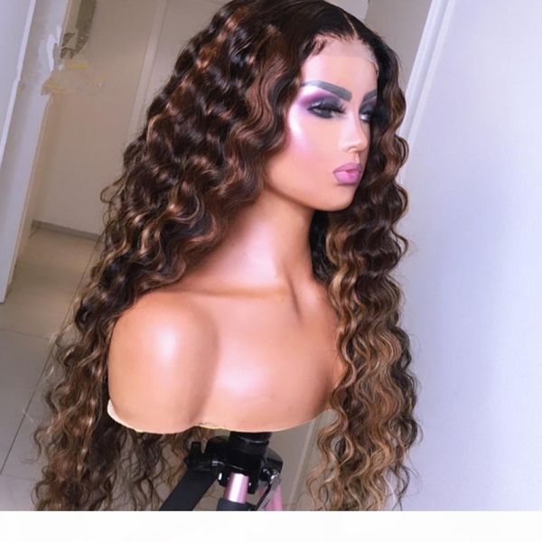 

ombre highlight wavy brown honey blonde lace wig colored hd glueless lace front human hair wigs 150%density, Black;brown