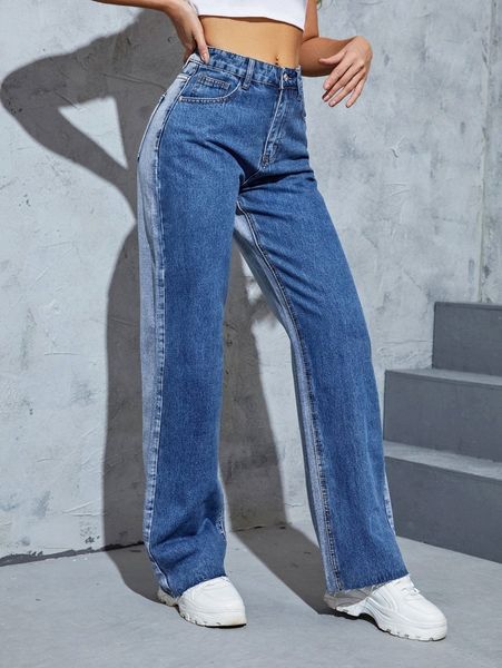 

colorblock high waist straight leg jeans k2lc#, Blue