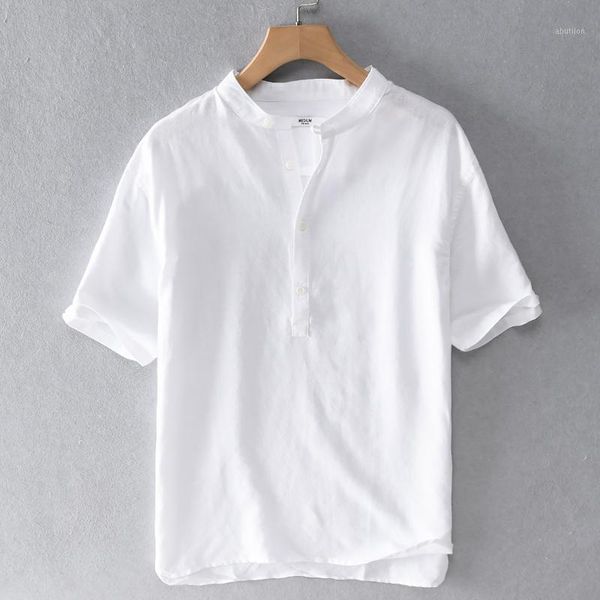 

men's casual shirts summer short-sleeved linen shirt men stand collar loose for breathable flax mens camisa chemise1, White;black