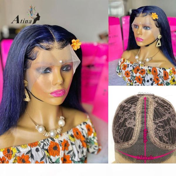 

atina pre plucked human hair wig 6inches deep part dark blue colored straight transparent lace front human hair wig remy, Black;brown