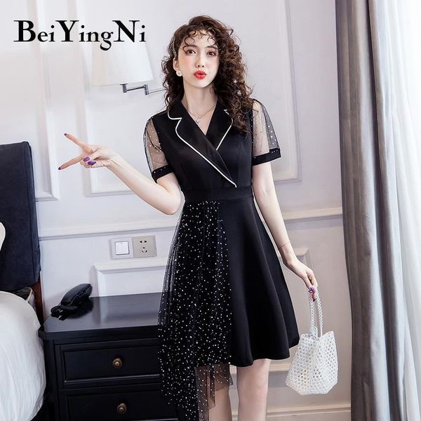 

beiyingni 2020 summer dresses womens polka dot irregular high street office ladies dress work wear fashion patchwork vestidos1, Black;gray
