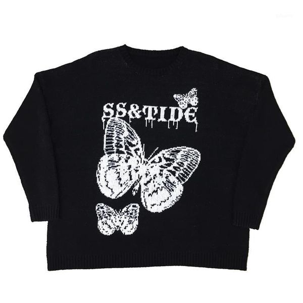 

south korea ins high street dark butterfly letter printing ladies sweater wild loose round neck knitted sweater women1, White;black