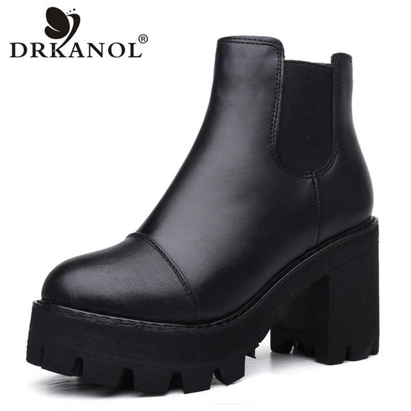 

drkanol 2020 осень зима женщины ботильоны из натуральной кожи толстый каблук сапоги женщины теплые платформы черный женская обувь, Black