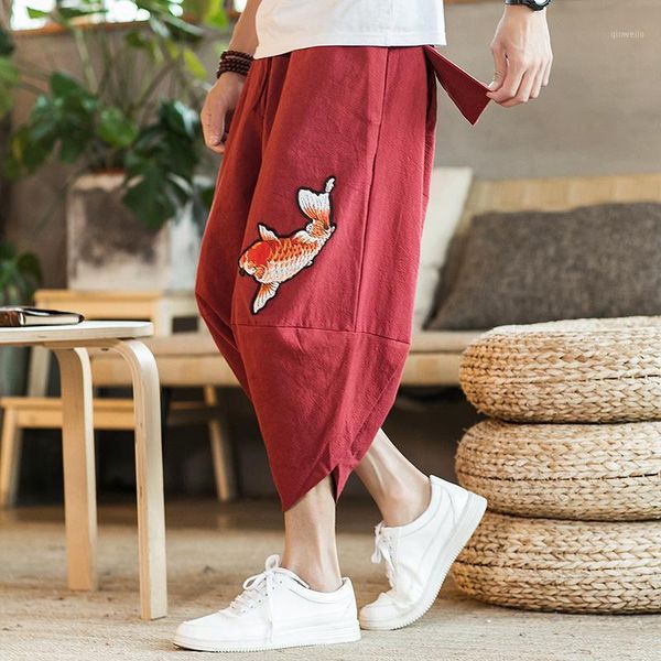 

cotton linen harem pants 2020 summer harajuku track pants fish embroidery joggers korean fashion casual trousers 5xl sa-81, Black