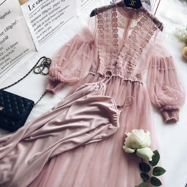 

women dress autumn floral embroidery mesh dress lantern sleeve beading voile lace dresses female vestidos two pieces set sf1317, Black;gray