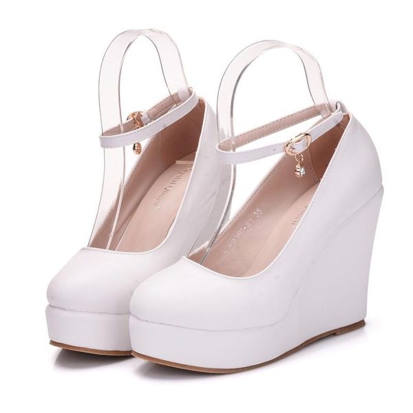 

designer women pumps pu buckle strap .8cm wedges high heels round toe waterproof shallow zapatos de mujer women shoes black