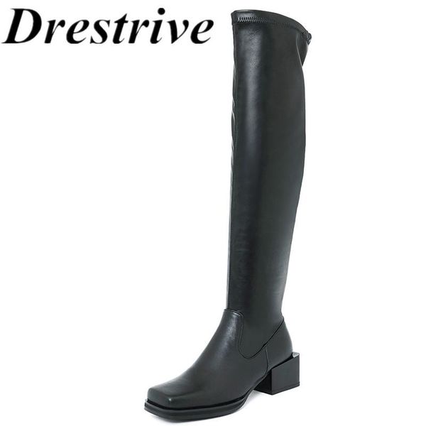 

boots drestrive women over knee high cow leather mid heel square toe 2021 spring arrival shoes woman black thick