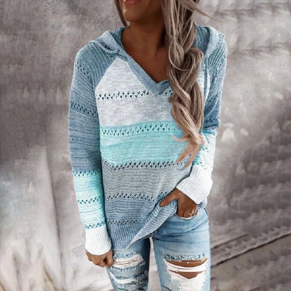 

hollow out striped patchwork hooded sweaters women fashion autumn loose pullover ladies casual knit sweaters jumpers t2g, White;black