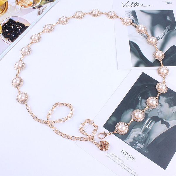 

tingrui fashion flower rhinestone women golden metal waist chain belts pearl for dresses female ladies luxury ceinture femme, Black;brown