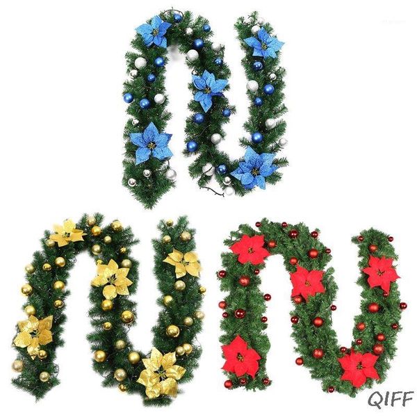 

2.7m christmas garland fireplace stairs gold baubles flowers xmas tree decor1