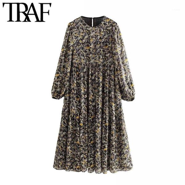 

traf women vintage elegant floral print pleated midi dress chic fashion o neck long sleeve female dresses vestidos mujer1, Black;gray