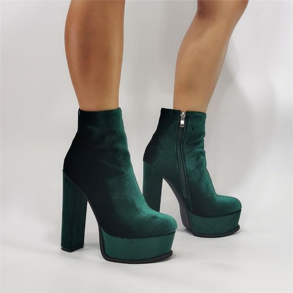 

boots ink green velvet high platform ankle women pointed toe zipper chunky heels street outfit short fashion shoes, Black