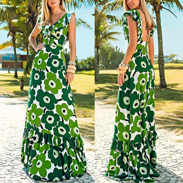 

women elegant dress comfortable petal sleeve v neck draped fit and flare printing dress to the floor summer 20201, Black;gray