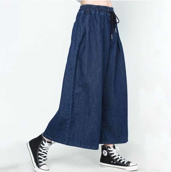 

2019 autumn new lace-up elasticity waist solid color ankle-length ladies fashion loose wide leg pants jeans cpt0141, Blue