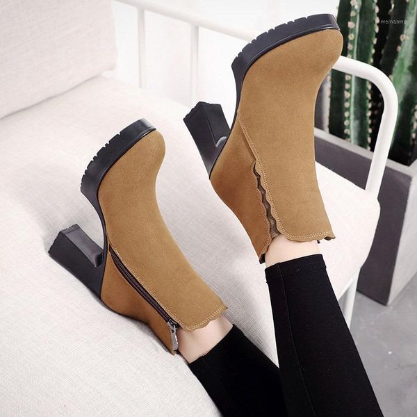 

plus size 33-43 block heel platform boots ladies shoes fall winter 2020 high heels boots women plush short ankle1, Black