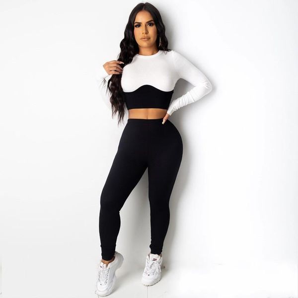 

black and white patchwork two piece set women o neck crop and skinny pants suit autumn fashion new streetwear lounge oufits, Gray