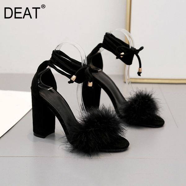 

deat] 2020 new spring summer round toe rabbit fur ankle strap black pu leather high heels sandals for women shoes tide 10g734 t200327
