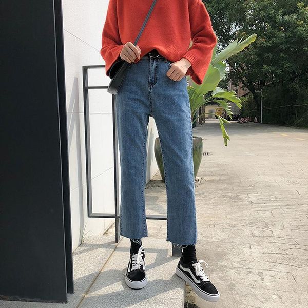

2020 spring new korean style washed high waist jeans women denim jeans nine points straight pants women1, Blue
