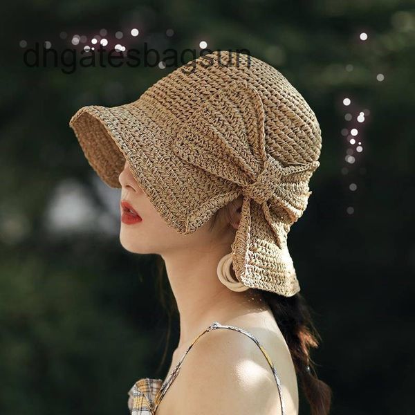 

brand cap and carves new sun hat women's straw hat women's bow foldable straw art holiday beach, Blue;gray
