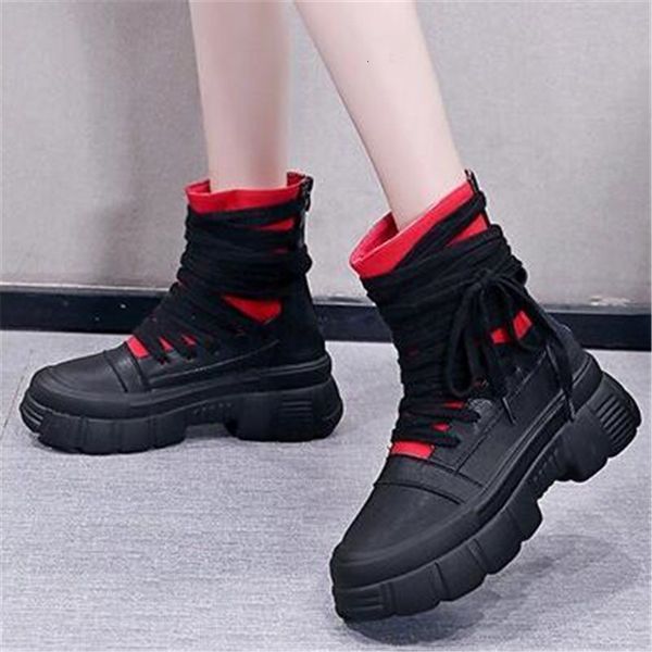 

autumn 2021 new chunky loop round toe boots return zip female red black shoes 2hry