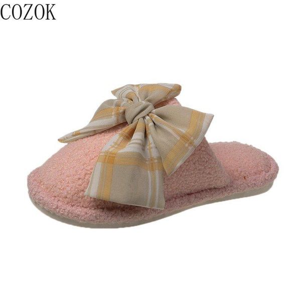 

women's new cotton slippers casual solid color simple women's shoes bowknot decorated sponge cake bottom cotton slippers, Black