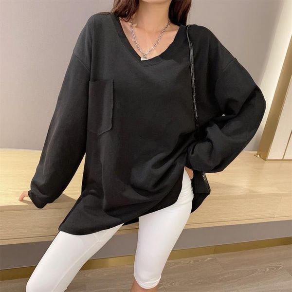 

2020 autumn new fresh pullover pullovert-shirt pulloverand fresh art v-neck thin solid color pullover long sleeve t-shirt for women 8994, White