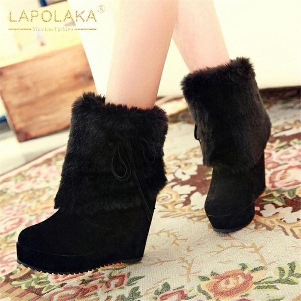 

lapolaka 2020 fashion new wedge high heels warm shoes ladies boots platform slip on add fur winter ankle boots woman shoes, Black
