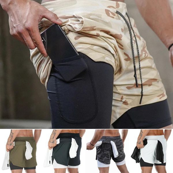 

new camo running shorts men 2 in 1 double-deck quick dry fitness jogging workout shorts men sports short pants gym loose short, Black;blue