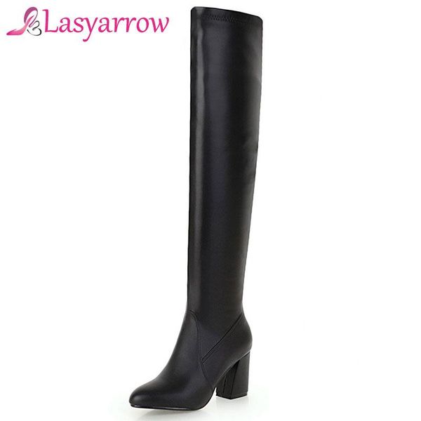 

boots lasyarrow zapatos mujer solid black white slip on thigh high long chunky heels pointed toe over the knee