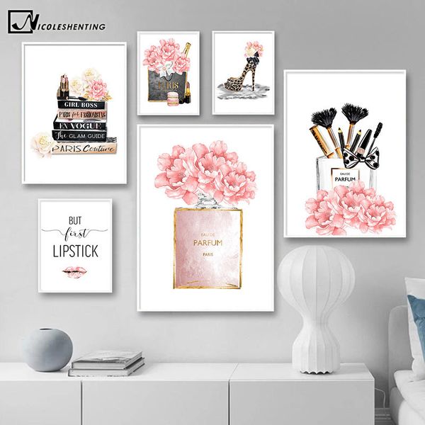 

makeup fashion poster print perfume bag leopard shoes canvas painting trendy artwork picture beauty salon girls room decoration q1218