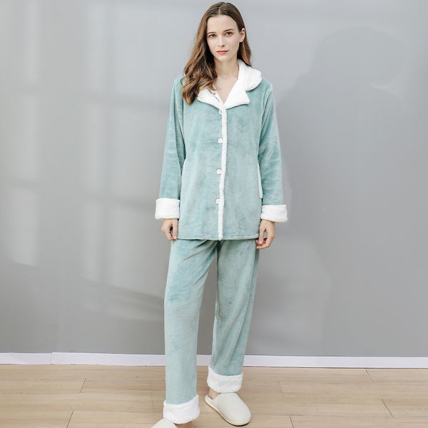 

2021 new women's autumn winter velvet pajama sets plus size thick sleepwear female down collar single breasted solid nightwear w203, Black;red