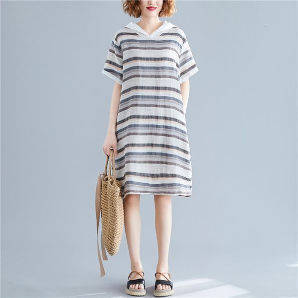 

2021 new female summer gown, striped hoodie jumper dressed in short sleeves, knee length cotton and linen side split h0013, Black;gray