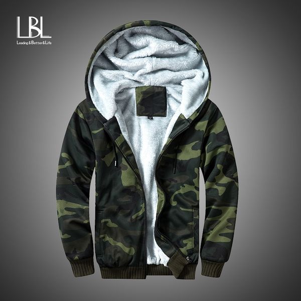 

winter fleece hoodies men zipper camouflage hooded coat brand mens tracksuit sweatshirt bomber jackets warm us/eur size hoody 201113, Black