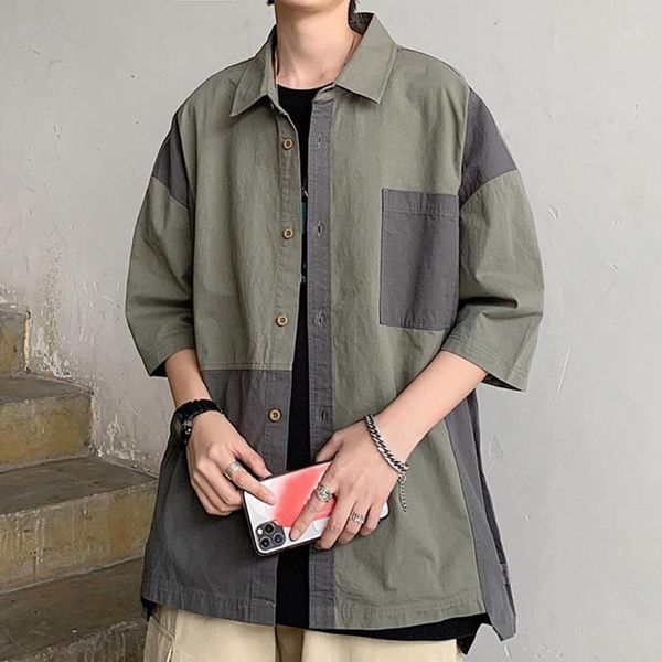 

2020 summer stitching color contrast short sleeve shirt pocket men loose casual workwear suitable for office street dating1, White;black