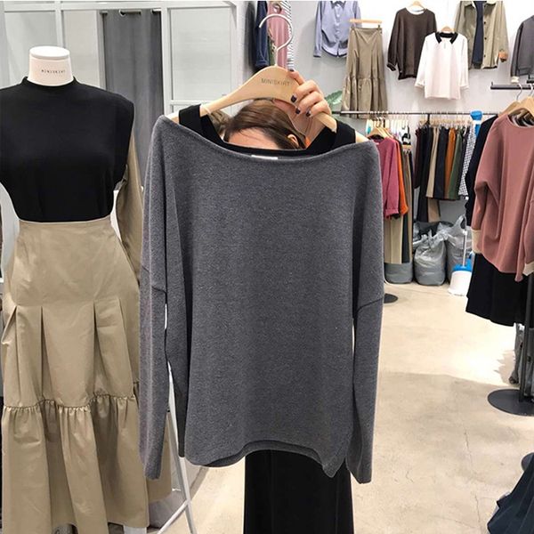 

южной pullovershoulder ремешок пуловеры корея 2020 осенью новый сплошной цвет с длинным рукавом пуловер t-shirtwomen сплайсинга игровая плеч, White