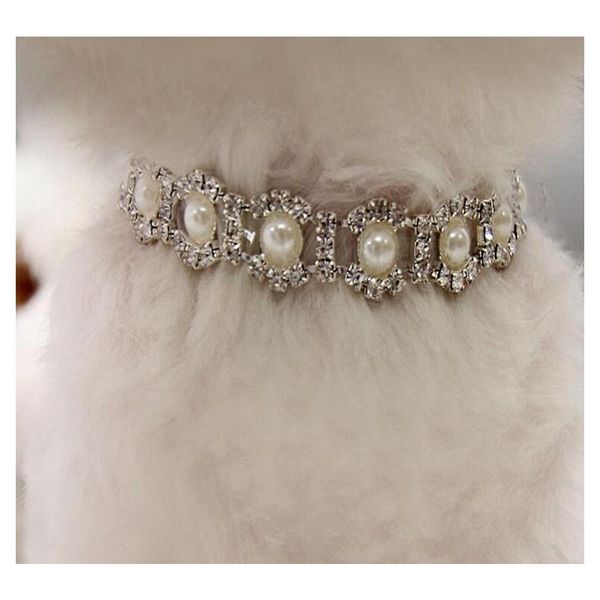 

bling rhinestone pearl necklace dog collar alloy diamond puppy pet collars leashes for little dogs mascotas dog accessories ship