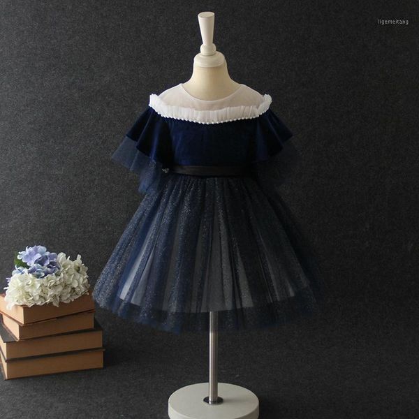 

flower girls dresses illusion luxury blue sequined embroidery o-neck tulle short ball gown lace kids party princess skirt d3771, Red;yellow