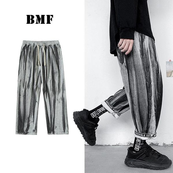 

korean style hip hop tie dye casual cropped pants 2021 spring loose plus size straight pants men clothing streetwear male, Black