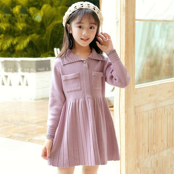 

slim fall 2020 girls' new lapel sweater skirt long sve knitted drs, Red;yellow