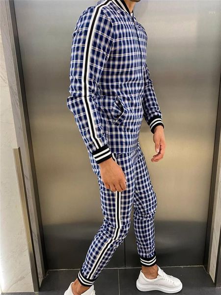 

men' 3d plaid sports gentlemen set jacket men set tracksuit street fashion trend fashion stand-up collar zipper sportswear suit1, Gray