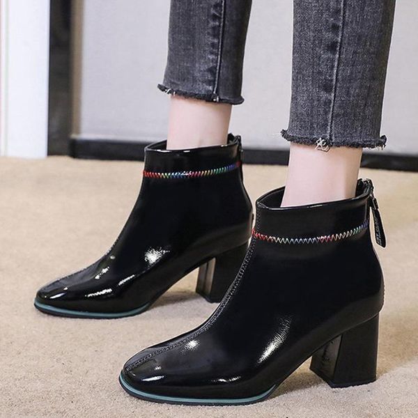 

boots women patent leather zippers boot office lady square heels platform woman fashion shoes sewing botas female, Black