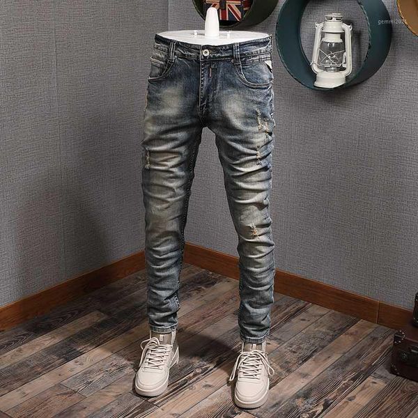 

men's jeans italian style fashion men retro wash elastic slim fit ripped denim pants streetwear vintage designer homme1, Blue