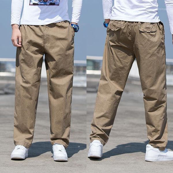 

men's pants 2021 autumn men cotton casual loose straight long multi-pockets cargo work clothing full length oversize1, Black