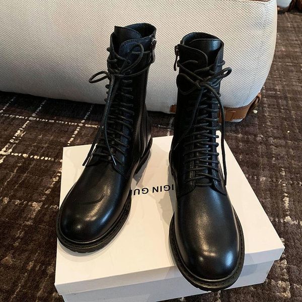 

2020 women shoes ankle autumn british style boots women waterproof motorcycle martin round head handsome flat heel ankle boots, Black