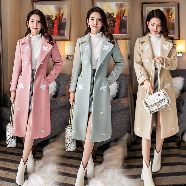 

2021 new fall elegant fleece embroidered butterfly long female vintage fine office coat belt ejue, Black
