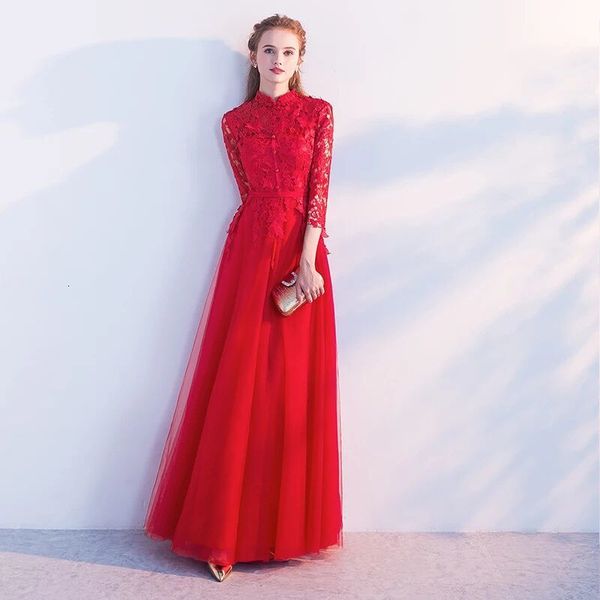 

2021 new robe soiree lace applications alta neck three-quarters women dressed evening showcase 1087 a12k, Black;red